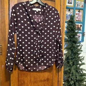 LOFT Heart Print Blouse - Dark Brown and Cream